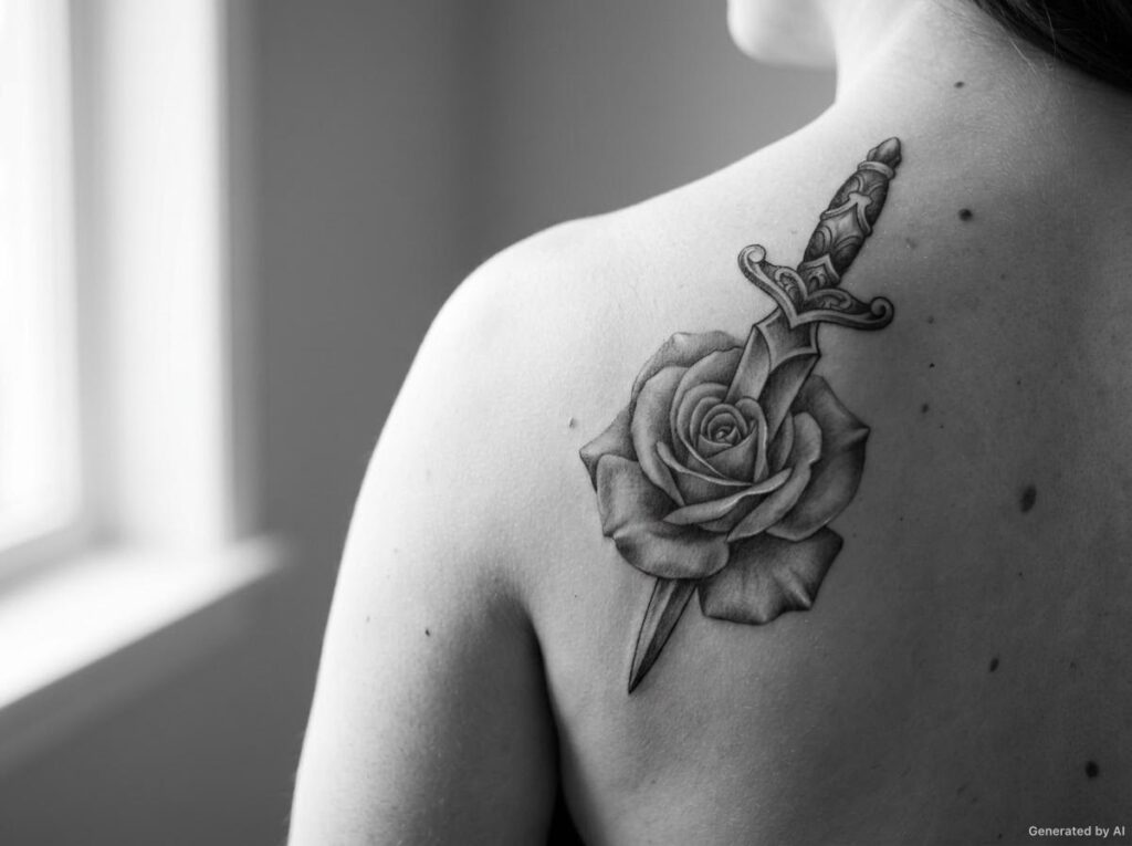 Realistic black and grey dagger and rose tattoo on the shoulder blade