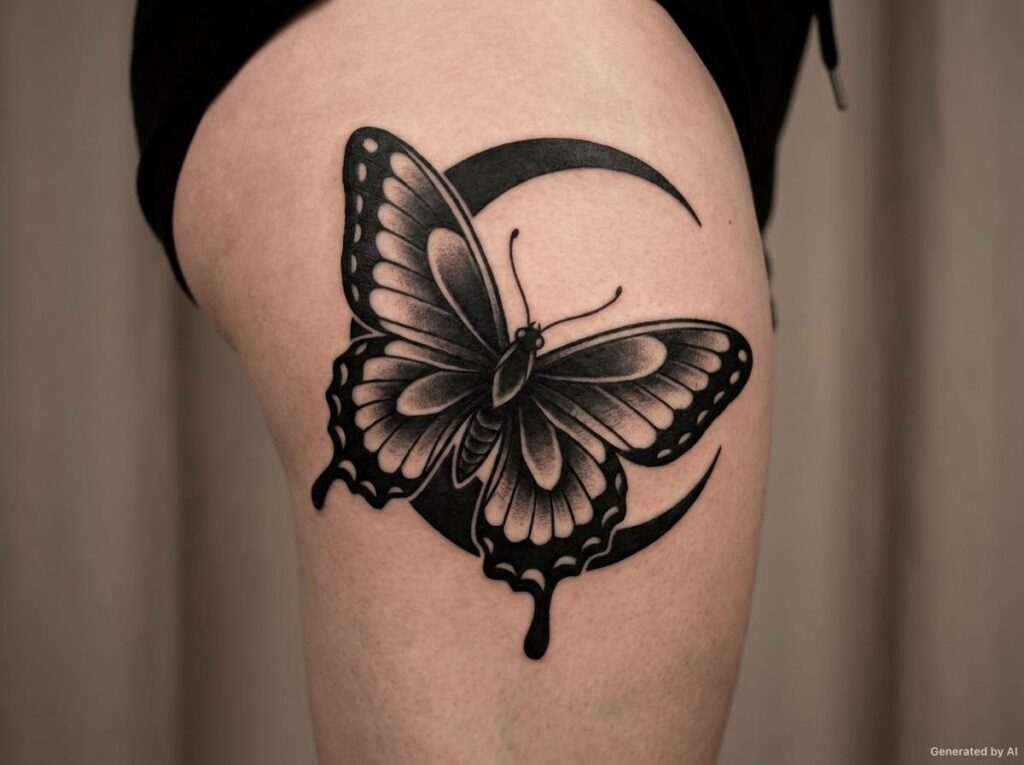 Bold neo-traditional blackwork butterfly and moon tattoo on the thigh