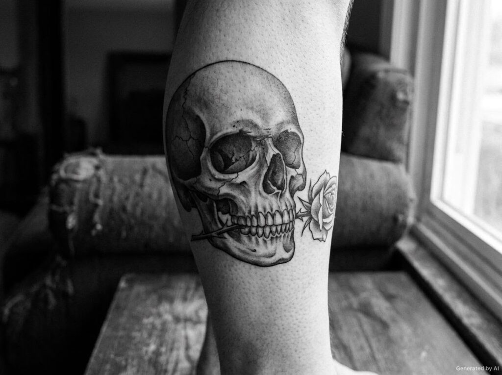Black and grey skull tattoo biting a rose stem on the calf