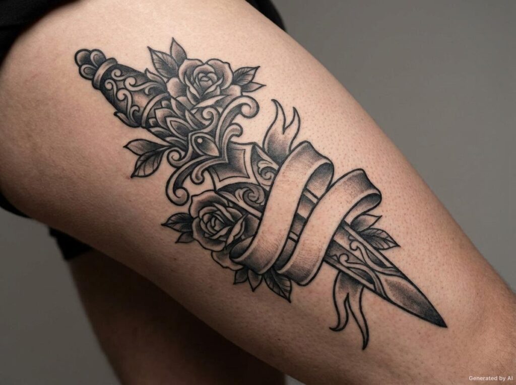 Neo-traditional ornate dagger wrapped with roses and a blank ribbon banner on the thigh
