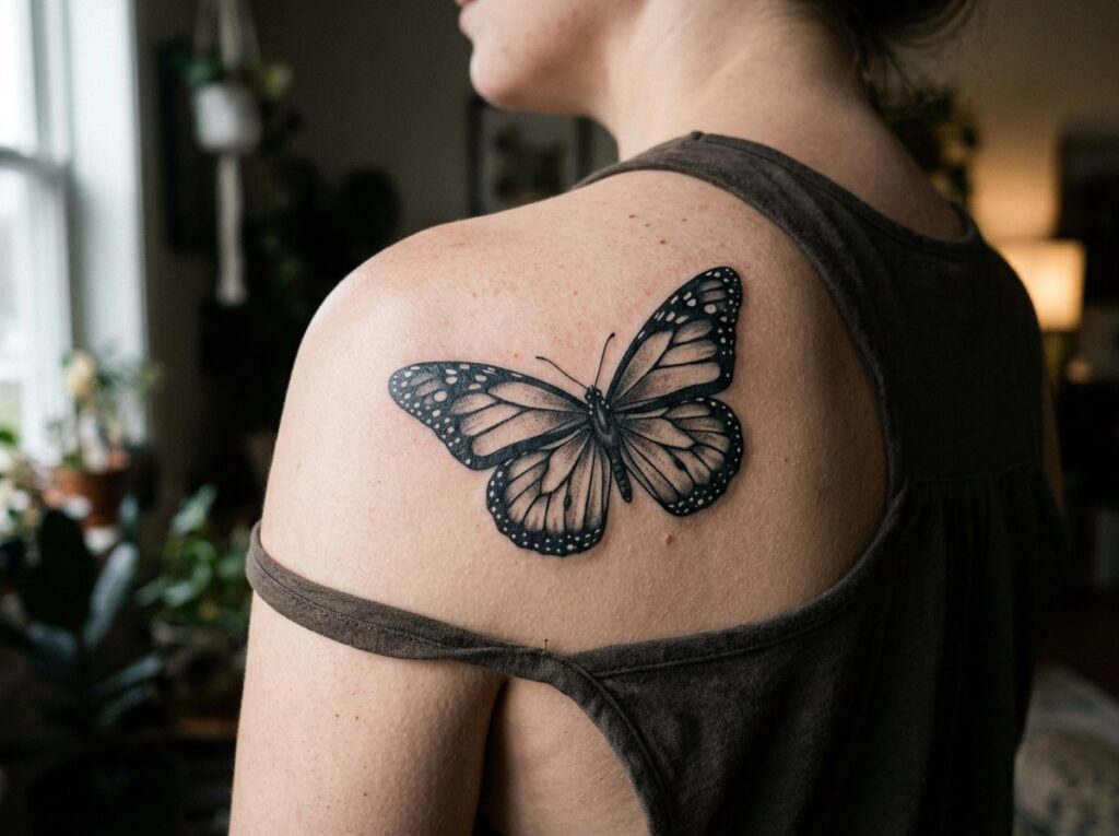 Finished black and gray monarch butterfly tattoo on the shoulder