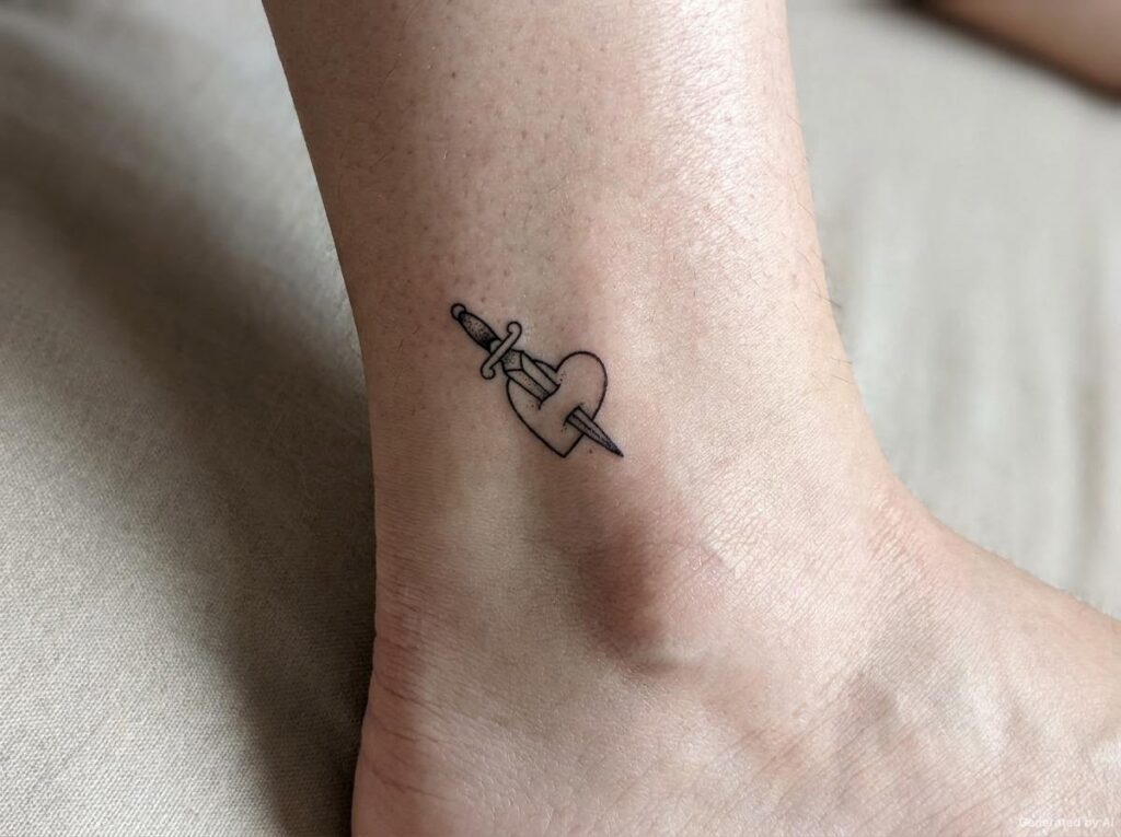 Small simple dagger through a heart tattoo on the ankle