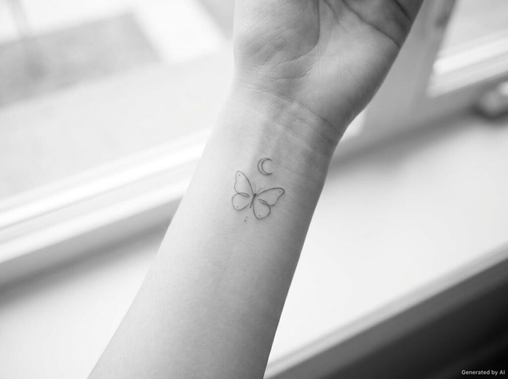 Tiny minimal butterfly and crescent moon tattoo on the inner wrist