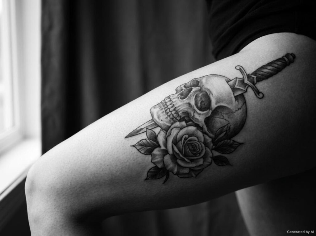 Black and grey skull, rose and dagger tattoo on the outer thigh