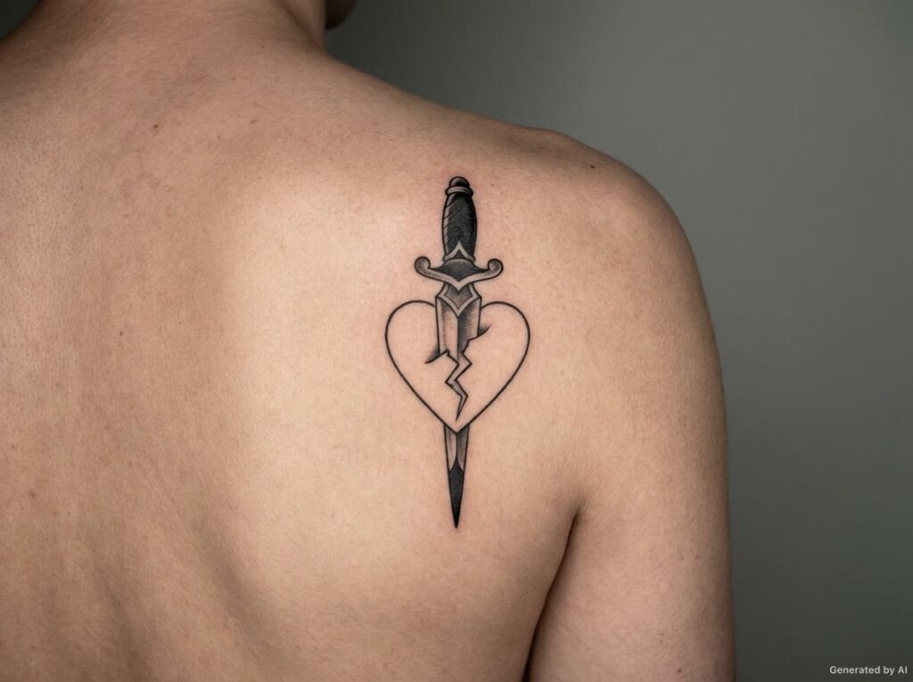 Black and grey knife pointing down through a broken heart outline on the shoulder blade