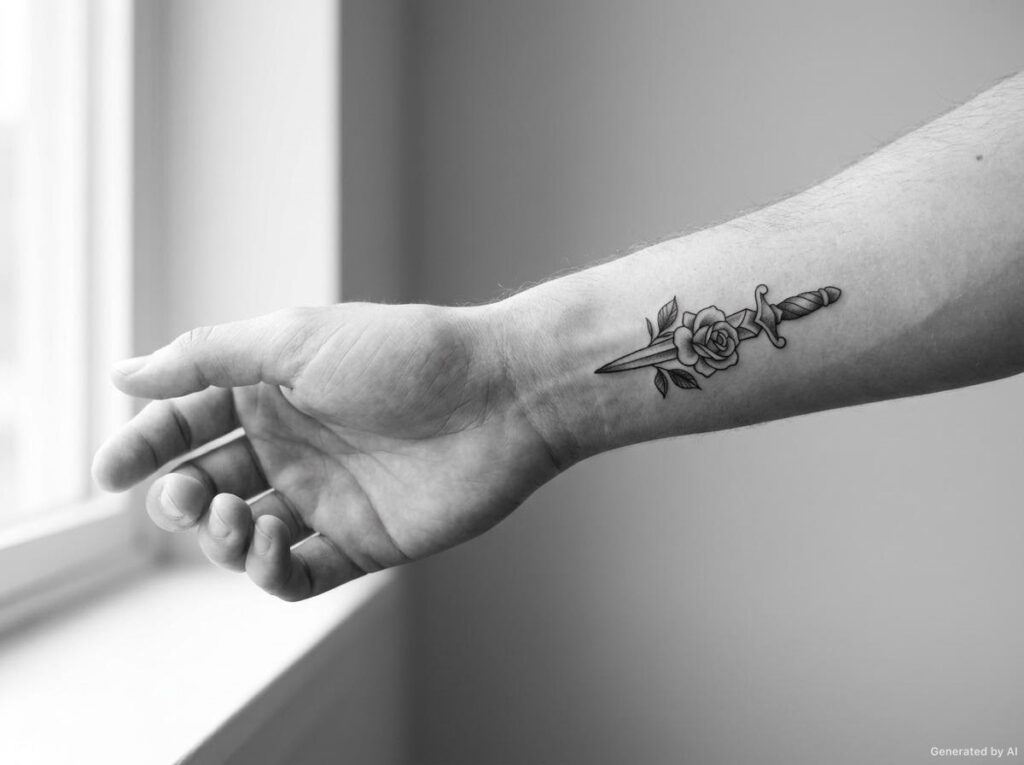 Dagger and rose tattoo on the back of the hand at the wrist