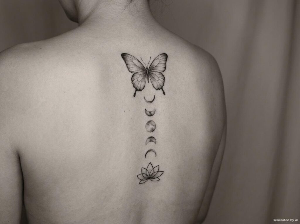 Black and grey butterfly with moon phases and lotus tattoo along the spine