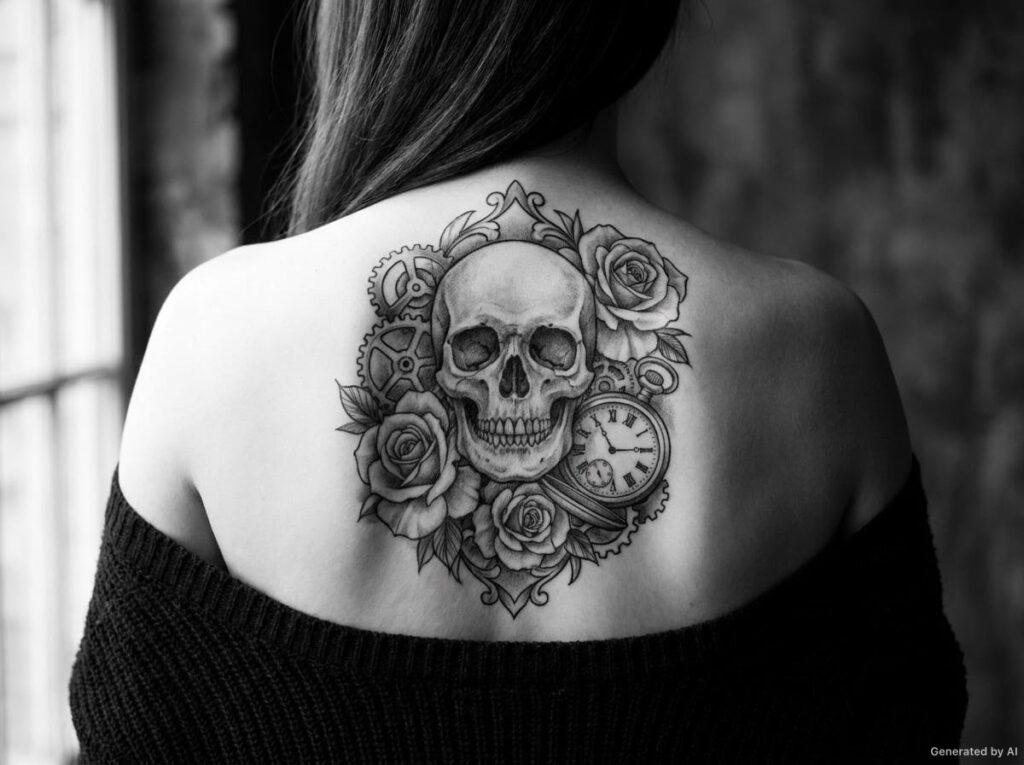 Black and grey skull with roses and a pocket watch on the upper back