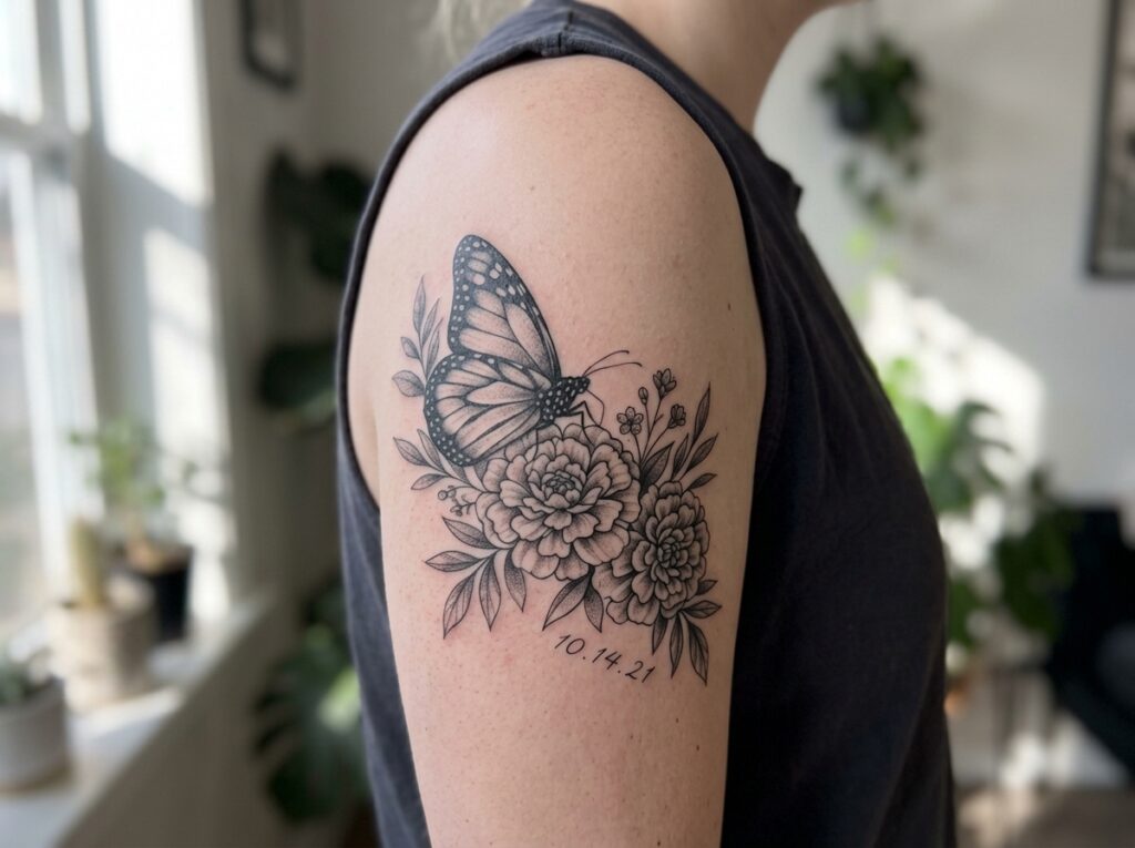 Black and gray memorial monarch butterfly tattoo with marigolds